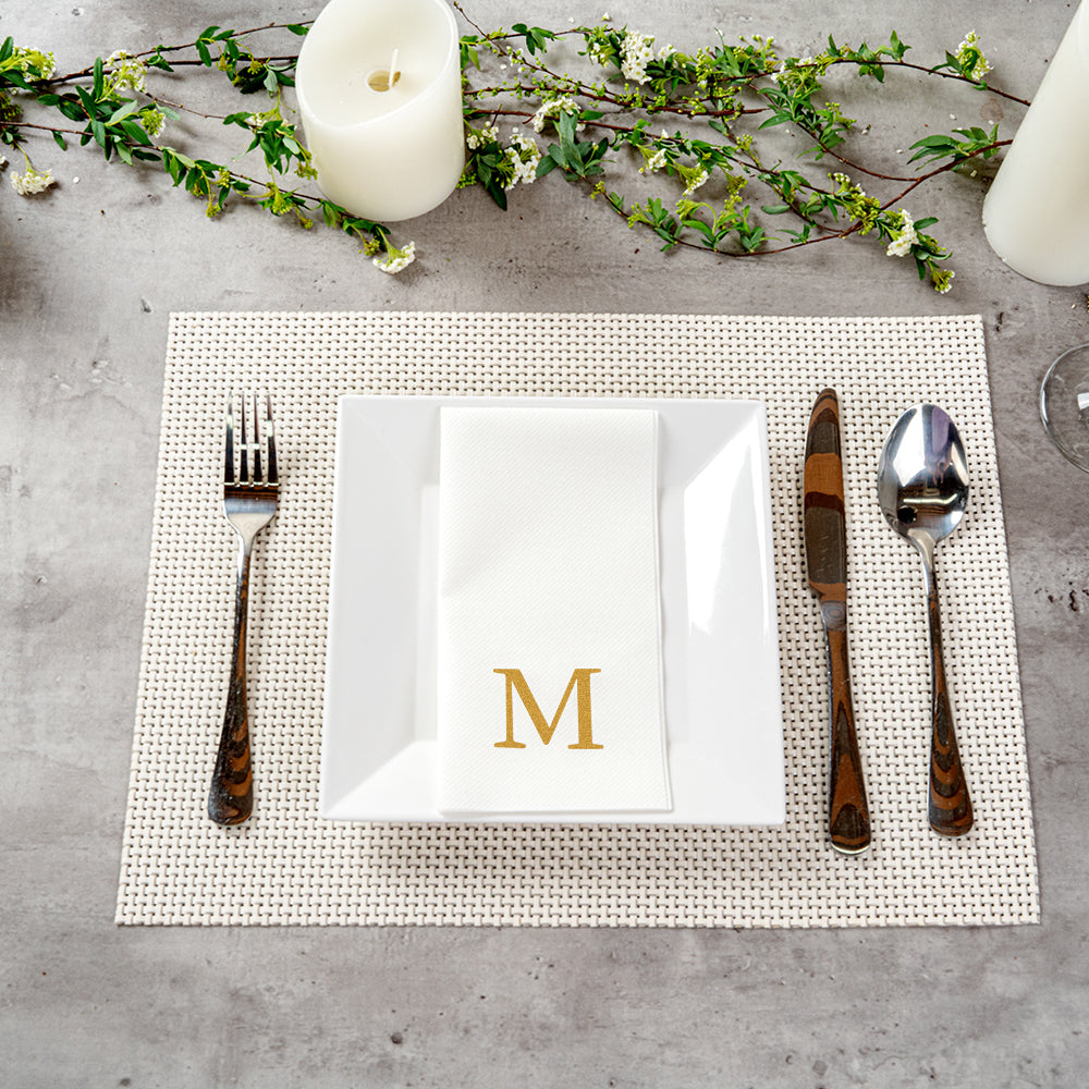Luxenap Rectangle Gold Letter M White Paper Linen-Feel Guest Towel / Napkin - Air Laid, Sans Serif Font - 15 3/4" x 8" - 50 count box