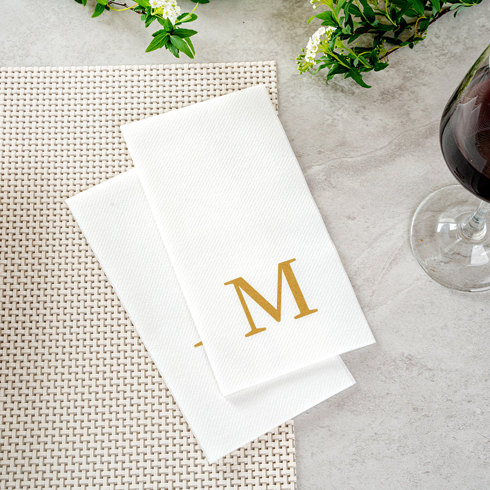 Luxenap Rectangle Gold Letter M White Paper Linen-Feel Guest Towel / Napkin - Air Laid, Sans Serif Font - 15 3/4" x 8" - 50 count box