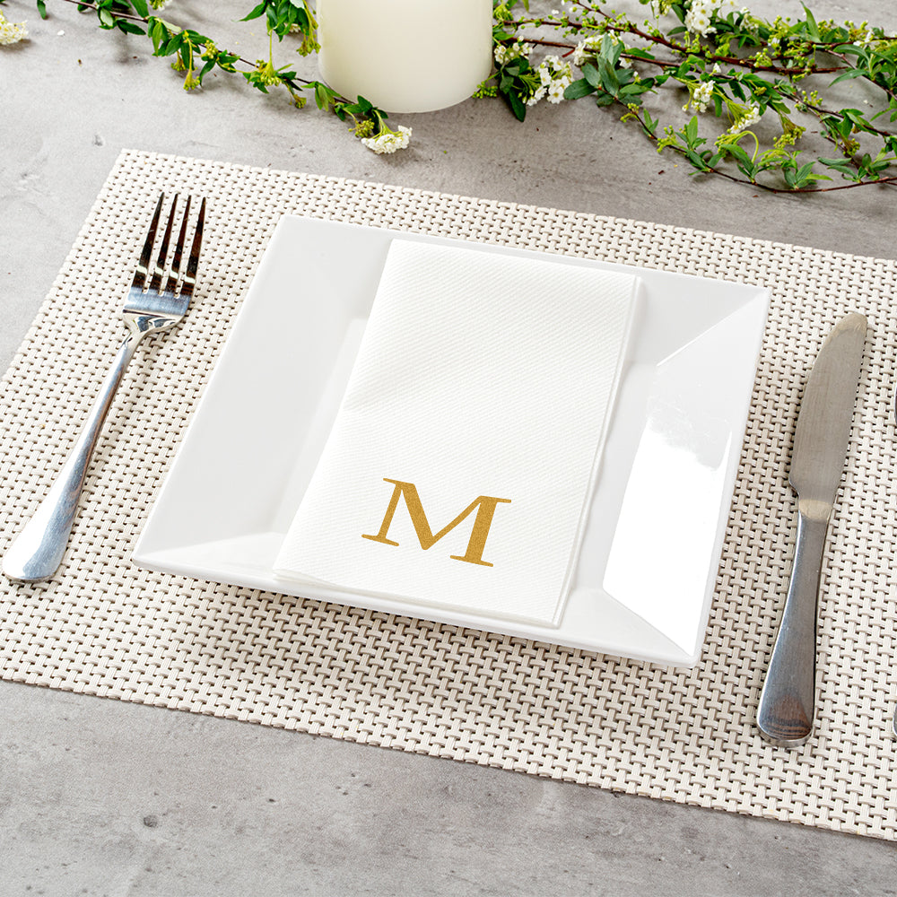 Luxenap Rectangle Gold Letter M White Paper Linen-Feel Guest Towel / Napkin - Air Laid, Sans Serif Font - 15 3/4" x 8" - 50 count box