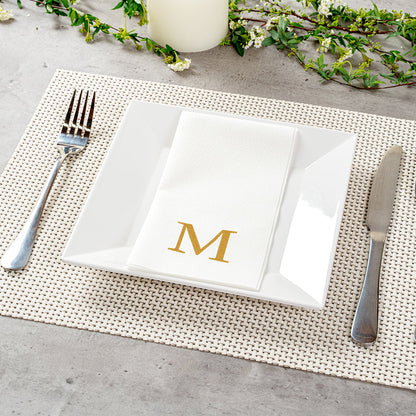 Luxenap Rectangle Gold Letter M White Paper Linen-Feel Guest Towel / Napkin - Air Laid, Sans Serif Font - 15 3/4" x 8" - 50 count box