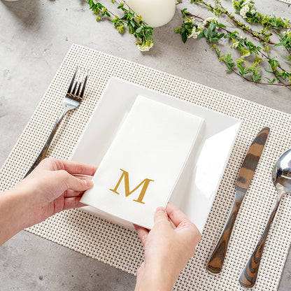 Luxenap Rectangle Gold Letter M White Paper Linen-Feel Guest Towel / Napkin - Air Laid, Sans Serif Font - 15 3/4" x 8" - 2000 count box