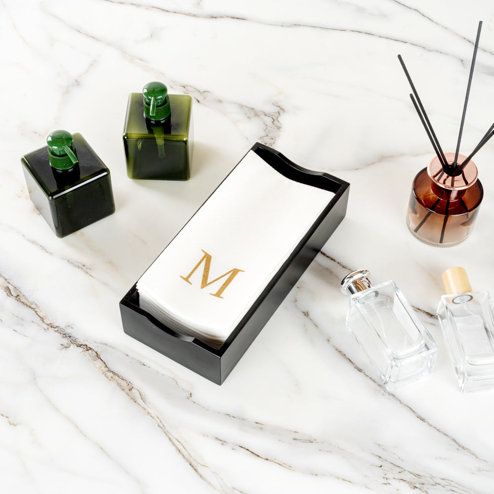 Luxenap Rectangle Gold Letter M White Paper Linen-Feel Guest Towel / Napkin - Air Laid, Sans Serif Font - 15 3/4" x 8" - 2000 count box