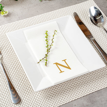 Luxenap Rectangle Gold Letter N White Paper Linen-Feel Guest Towel / Napkin - Air Laid, Sans Serif Font - 15 3/4" x 8" - 50 count box