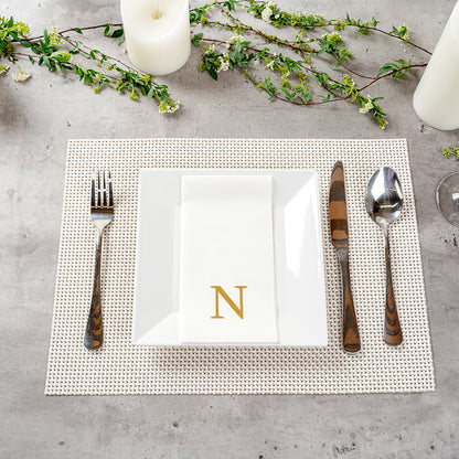 Luxenap Rectangle Gold Letter N White Paper Linen-Feel Guest Towel / Napkin - Air Laid, Sans Serif Font - 15 3/4" x 8" - 50 count box