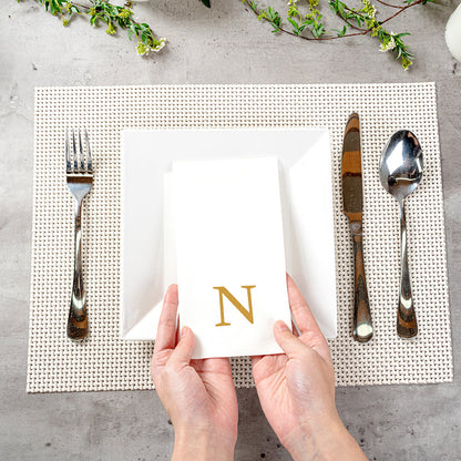 Luxenap Rectangle Gold Letter N White Paper Linen-Feel Guest Towel / Napkin - Air Laid, Sans Serif Font - 15 3/4" x 8" - 50 count box
