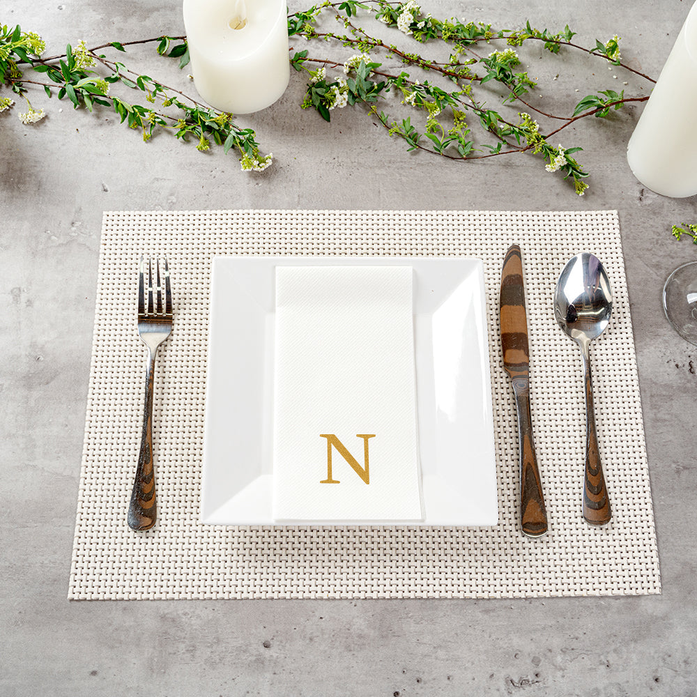 Luxenap Rectangle Gold Letter N White Paper Linen-Feel Guest Towel / Napkin - Air Laid, Sans Serif Font - 15 3/4" x 8" - 2000 count box