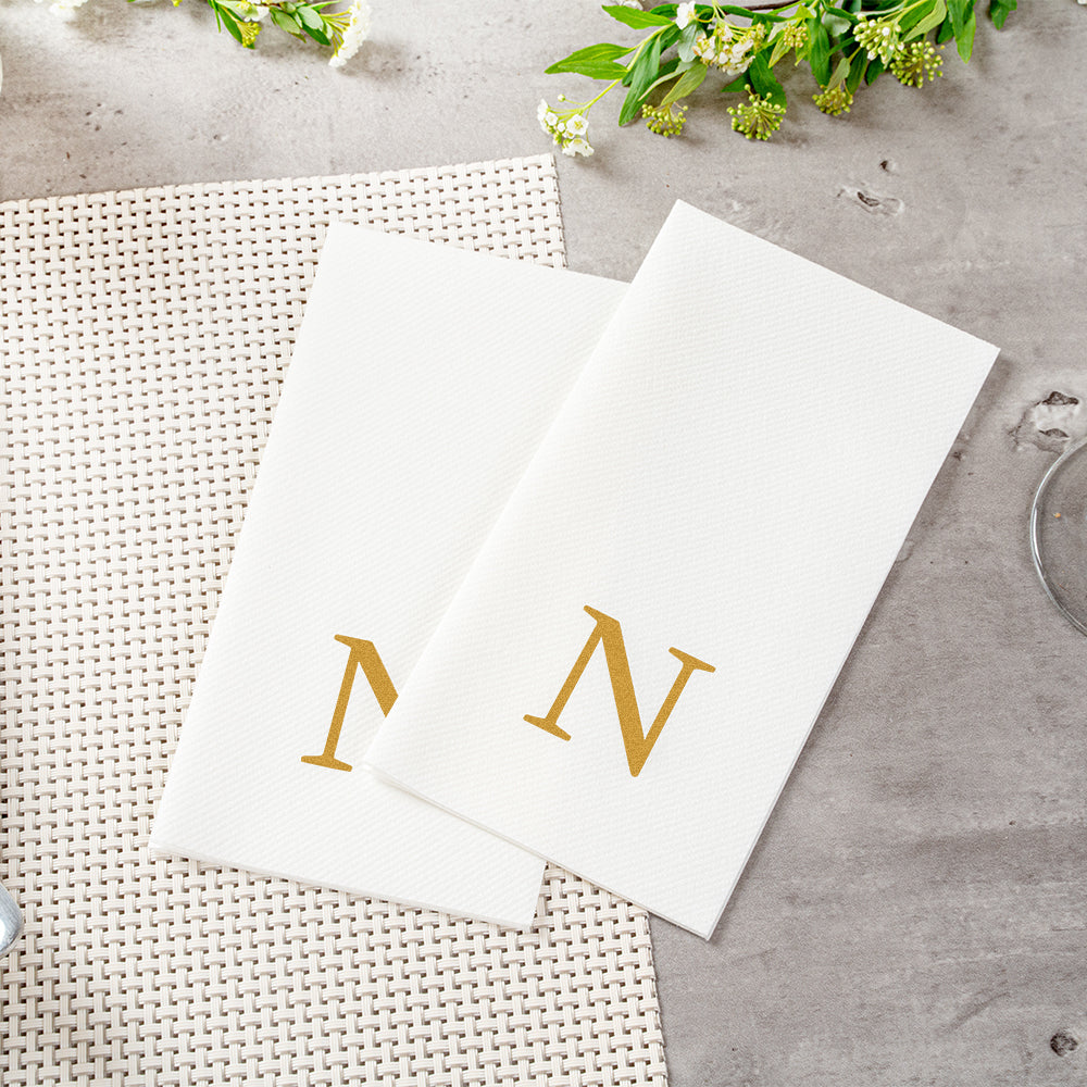 Luxenap Rectangle Gold Letter N White Paper Linen-Feel Guest Towel / Napkin - Air Laid, Sans Serif Font - 15 3/4" x 8" - 2000 count box