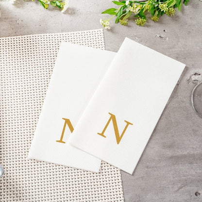 Luxenap Rectangle Gold Letter N White Paper Linen-Feel Guest Towel / Napkin - Air Laid, Sans Serif Font - 15 3/4" x 8" - 2000 count box