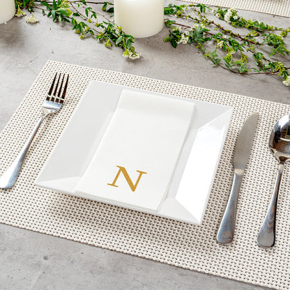 Luxenap Rectangle Gold Letter N White Paper Linen-Feel Guest Towel / Napkin - Air Laid, Sans Serif Font - 15 3/4" x 8" - 2000 count box