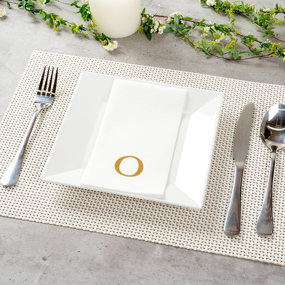 Luxenap Rectangle Gold Letter O White Paper Linen-Feel Guest Towel / Napkin - Air Laid, Sans Serif Font - 15 3/4" x 8" - 50 count box