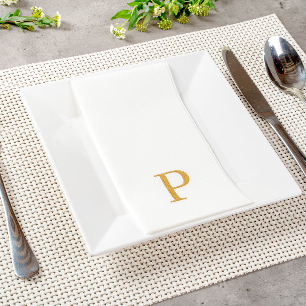 Luxenap Rectangle Gold Letter P White Paper Linen-Feel Guest Towel / Napkin - Air Laid, Sans Serif Font - 15 3/4" x 8" - 2000 count box