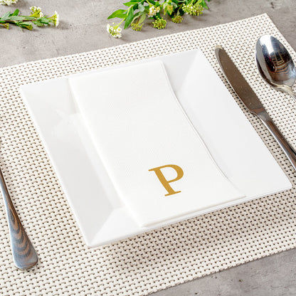 Luxenap Rectangle Gold Letter P White Paper Linen-Feel Guest Towel / Napkin - Air Laid, Sans Serif Font - 15 3/4" x 8" - 50 count box