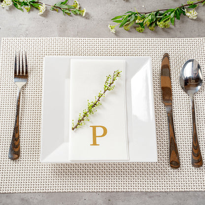 Luxenap Rectangle Gold Letter P White Paper Linen-Feel Guest Towel / Napkin - Air Laid, Sans Serif Font - 15 3/4" x 8" - 50 count box