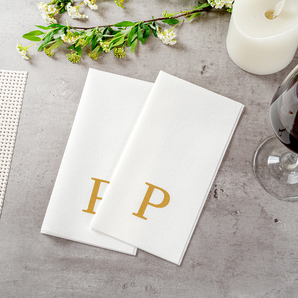 Luxenap Rectangle Gold Letter P White Paper Linen-Feel Guest Towel / Napkin - Air Laid, Sans Serif Font - 15 3/4" x 8" - 50 count box