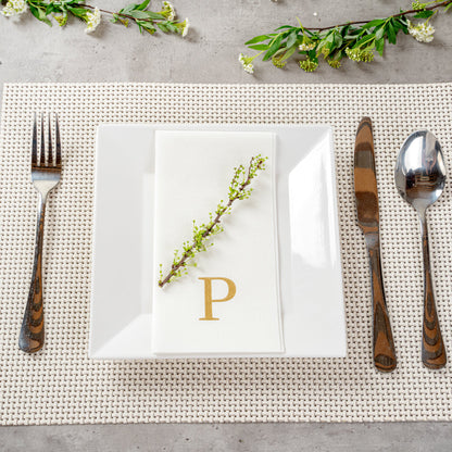 Luxenap Rectangle Gold Letter P White Paper Linen-Feel Guest Towel / Napkin - Air Laid, Sans Serif Font - 15 3/4" x 8" - 2000 count box
