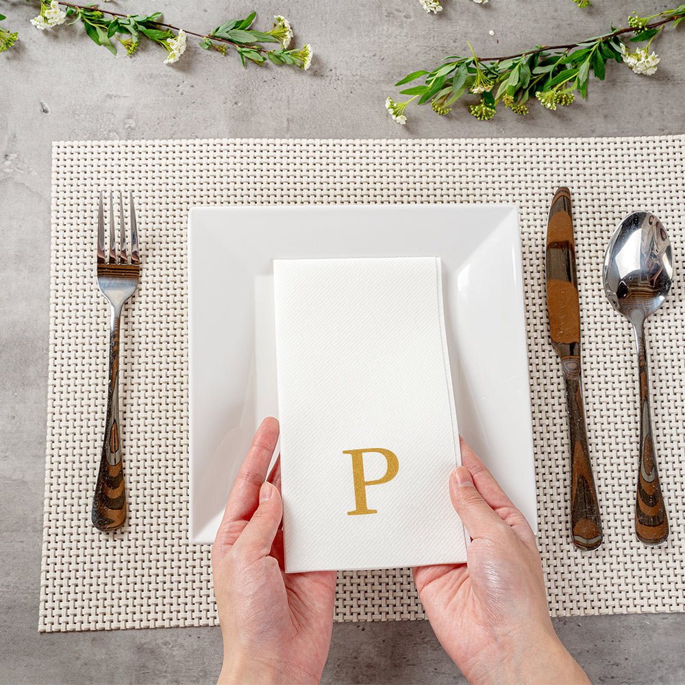 Luxenap Rectangle Gold Letter P White Paper Linen-Feel Guest Towel / Napkin - Air Laid, Sans Serif Font - 15 3/4" x 8" - 2000 count box