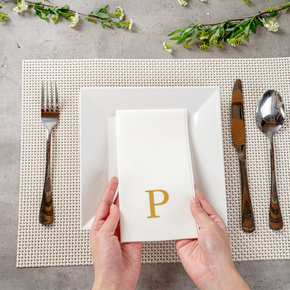 Luxenap Rectangle Gold Letter P White Paper Linen-Feel Guest Towel / Napkin - Air Laid, Sans Serif Font - 15 3/4" x 8" - 2000 count box