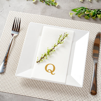 Luxenap Rectangle Gold Letter Q White Paper Linen-Feel Guest Towel / Napkin - Air Laid, Sans Serif Font - 15 3/4" x 8" - 2000 count box