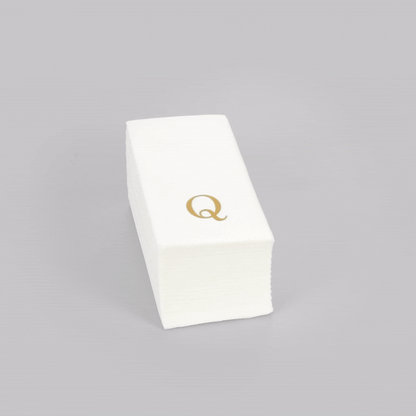Luxenap Rectangle Gold Letter Q White Paper Linen-Feel Guest Towel / Napkin - Air Laid, Sans Serif Font - 15 3/4" x 8" - 50 count box
