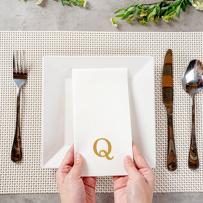 Luxenap Rectangle Gold Letter Q White Paper Linen-Feel Guest Towel / Napkin - Air Laid, Sans Serif Font - 15 3/4" x 8" - 50 count box