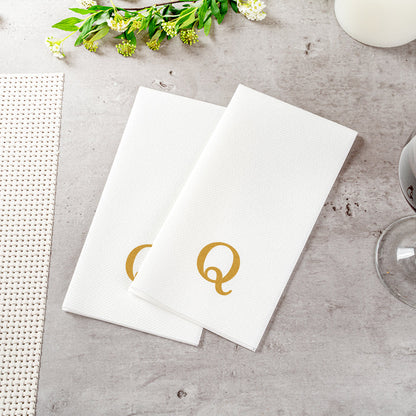Luxenap Rectangle Gold Letter Q White Paper Linen-Feel Guest Towel / Napkin - Air Laid, Sans Serif Font - 15 3/4" x 8" - 50 count box