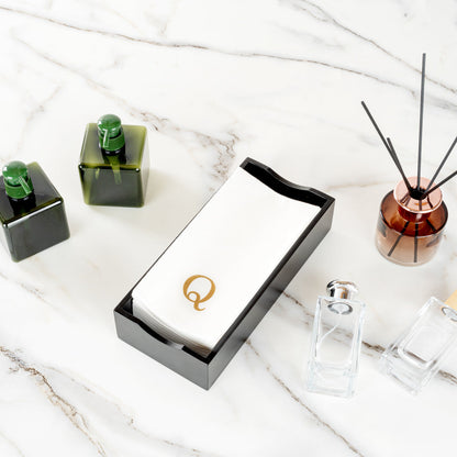 Luxenap Rectangle Gold Letter Q White Paper Linen-Feel Guest Towel / Napkin - Air Laid, Sans Serif Font - 15 3/4" x 8" - 50 count box