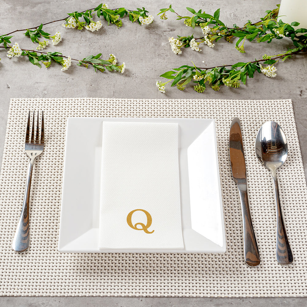 Luxenap Rectangle Gold Letter Q White Paper Linen-Feel Guest Towel / Napkin - Air Laid, Sans Serif Font - 15 3/4" x 8" - 2000 count box
