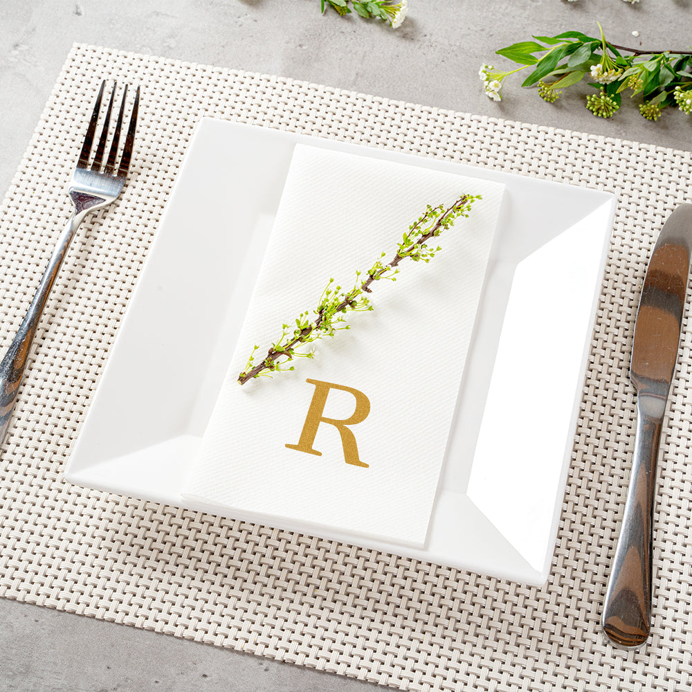 Luxenap Rectangle Gold Letter R White Paper Linen-Feel Guest Towel / Napkin - Air Laid, Sans Serif Font - 15 3/4" x 8" - 2000 count box
