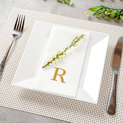 Luxenap Rectangle Gold Letter R White Paper Linen-Feel Guest Towel / Napkin - Air Laid, Sans Serif Font - 15 3/4" x 8" - 2000 count box