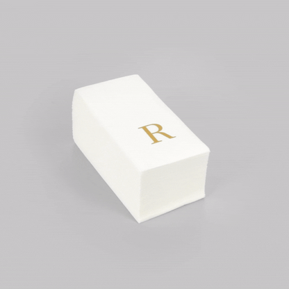 Luxenap Rectangle Gold Letter R White Paper Linen-Feel Guest Towel / Napkin - Air Laid, Sans Serif Font - 15 3/4" x 8" - 50 count box