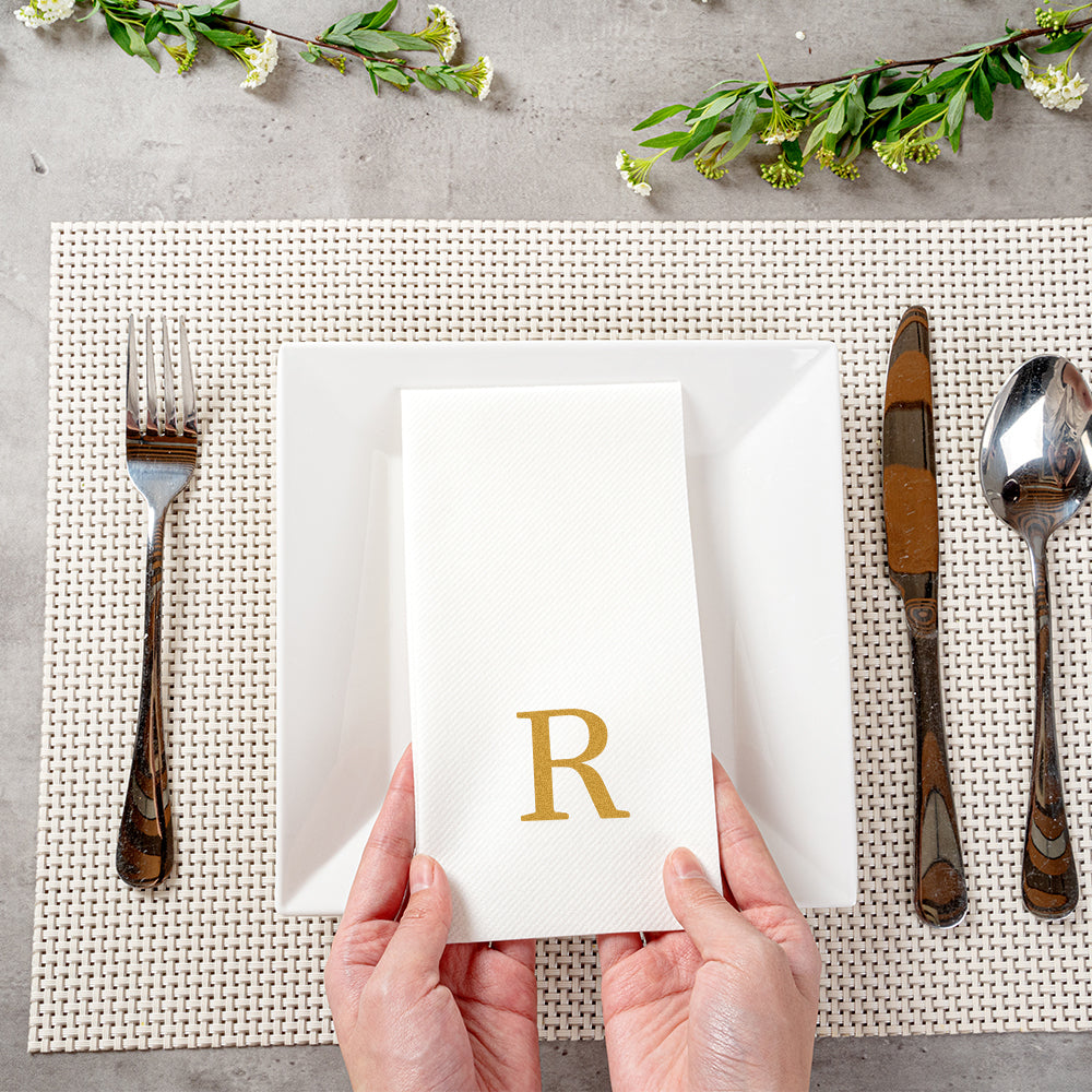 Luxenap Rectangle Gold Letter R White Paper Linen-Feel Guest Towel / Napkin - Air Laid, Sans Serif Font - 15 3/4" x 8" - 50 count box