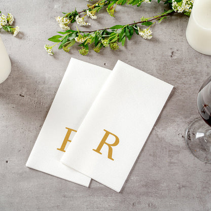 Luxenap Rectangle Gold Letter R White Paper Linen-Feel Guest Towel / Napkin - Air Laid, Sans Serif Font - 15 3/4" x 8" - 50 count box