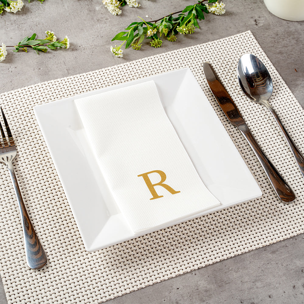 Luxenap Rectangle Gold Letter R White Paper Linen-Feel Guest Towel / Napkin - Air Laid, Sans Serif Font - 15 3/4" x 8" - 50 count box