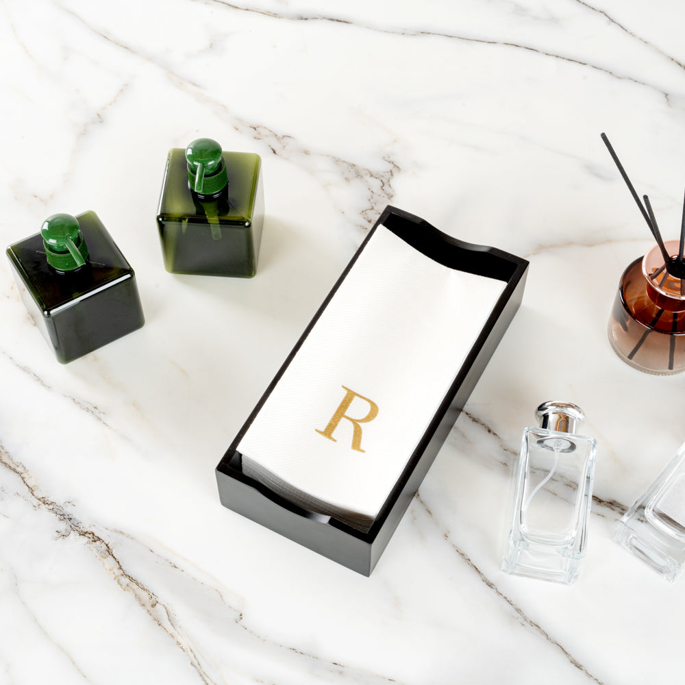 Luxenap Rectangle Gold Letter R White Paper Linen-Feel Guest Towel / Napkin - Air Laid, Sans Serif Font - 15 3/4" x 8" - 50 count box