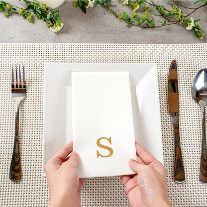 Luxenap Rectangle Gold Letter S White Paper Linen-Feel Guest Towel / Napkin - Air Laid, Sans Serif Font - 15 3/4" x 8" - 50 count box