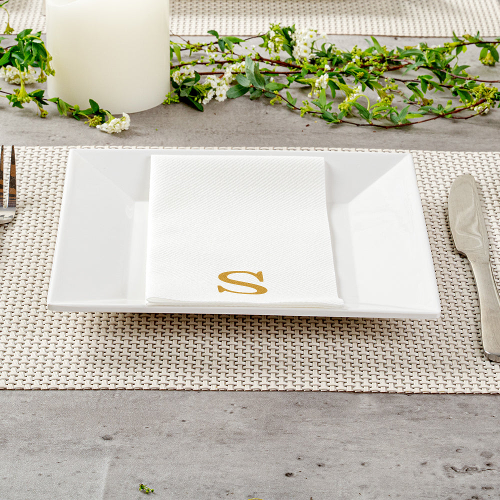 Luxenap Rectangle Gold Letter S White Paper Linen-Feel Guest Towel / Napkin - Air Laid, Sans Serif Font - 15 3/4" x 8" - 50 count box