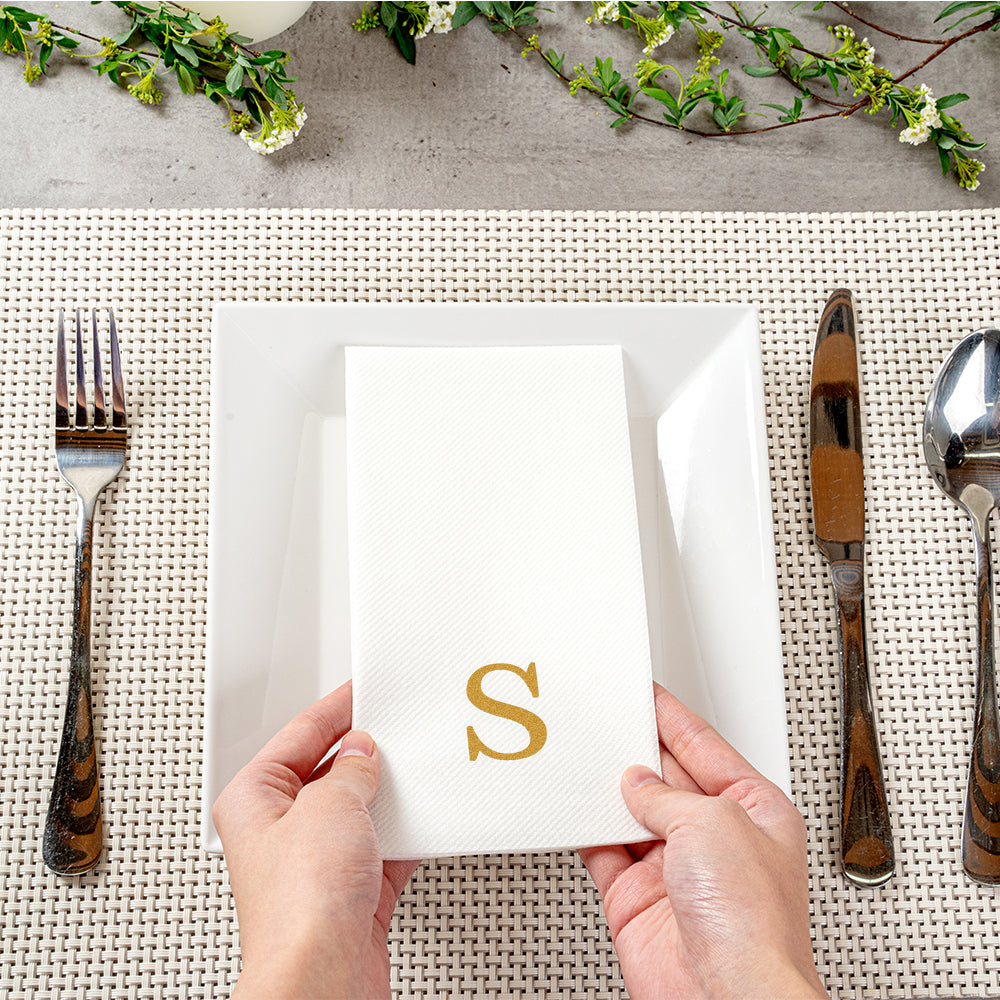 Luxenap Rectangle Gold Letter S White Paper Linen-Feel Guest Towel / Napkin - Air Laid, Sans Serif Font - 15 3/4" x 8" - 2000 count box