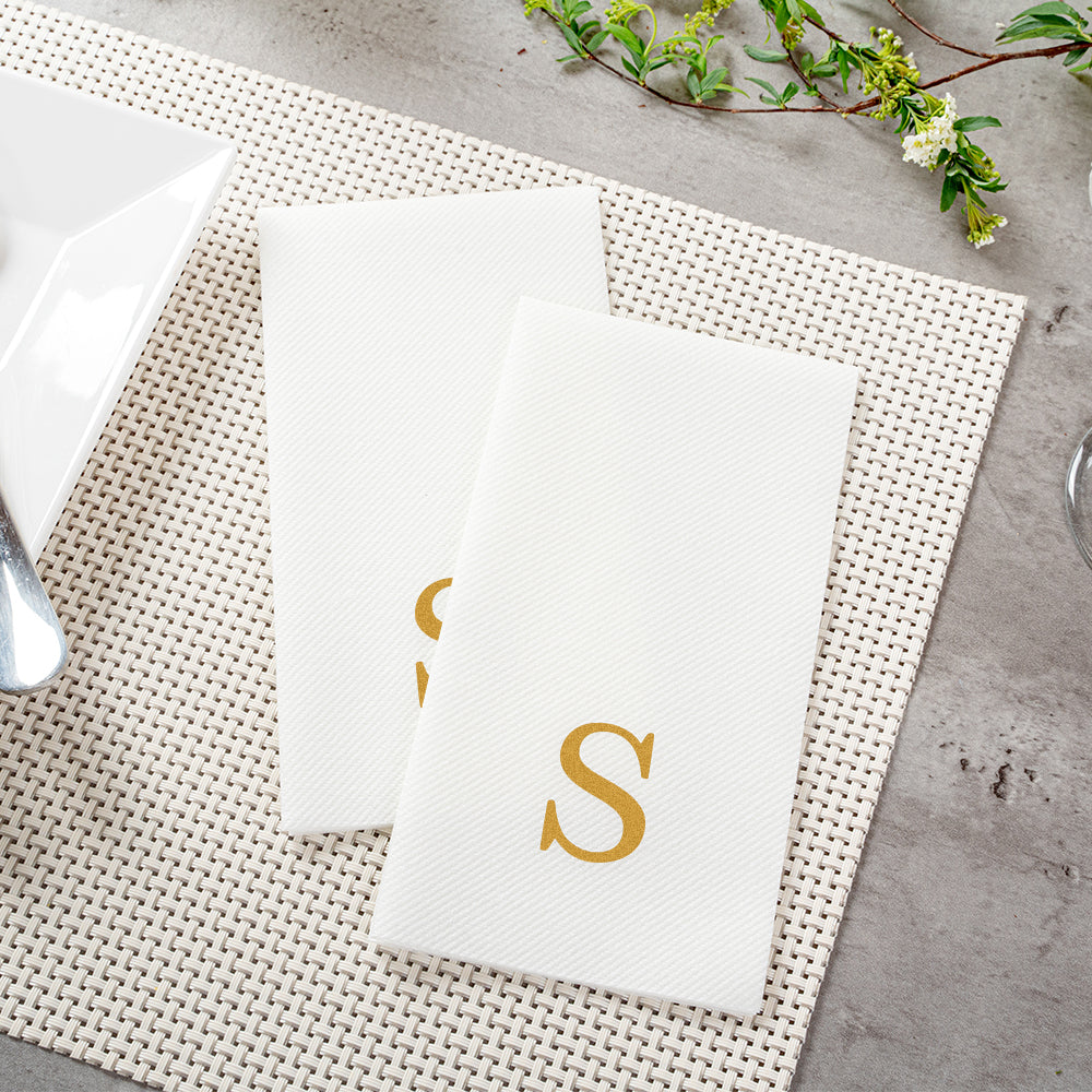 Luxenap Rectangle Gold Letter S White Paper Linen-Feel Guest Towel / Napkin - Air Laid, Sans Serif Font - 15 3/4" x 8" - 2000 count box