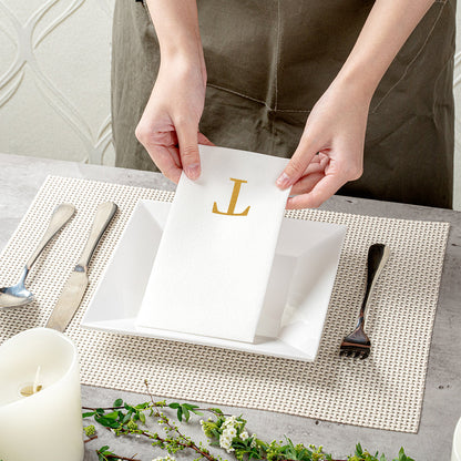 Luxenap Rectangle Gold Letter T White Paper Linen-Feel Guest Towel / Napkin - Air Laid, Sans Serif Font - 15 3/4" x 8" - 50 count box