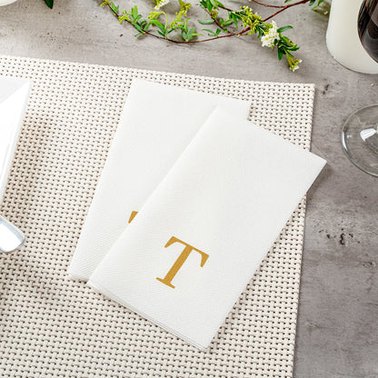 Luxenap Rectangle Gold Letter T White Paper Linen-Feel Guest Towel / Napkin - Air Laid, Sans Serif Font - 15 3/4" x 8" - 2000 count box