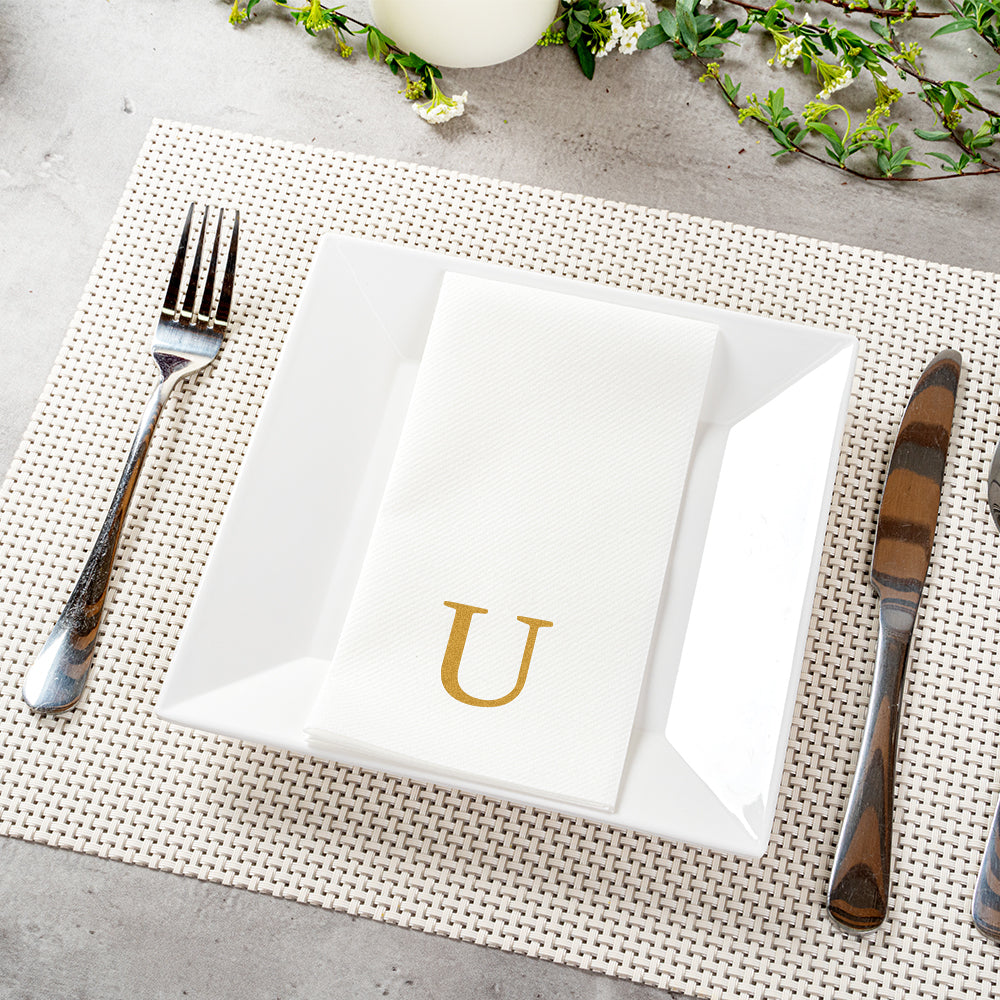 Luxenap Rectangle Gold Letter U White Paper Linen-Feel Guest Towel / Napkin - Air Laid, Sans Serif Font - 15 3/4" x 8" - 2000 count box