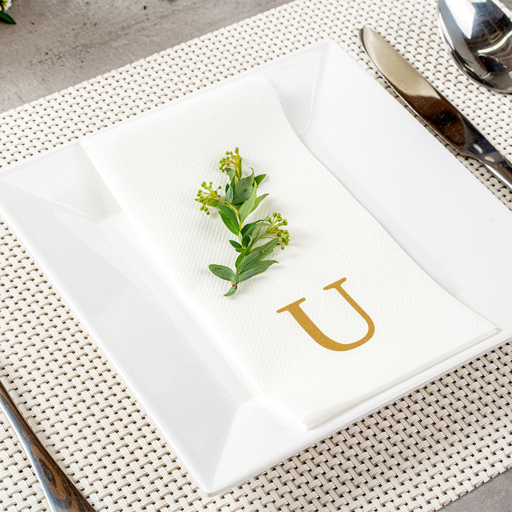 Luxenap Rectangle Gold Letter U White Paper Linen-Feel Guest Towel / Napkin - Air Laid, Sans Serif Font - 15 3/4" x 8" - 2000 count box