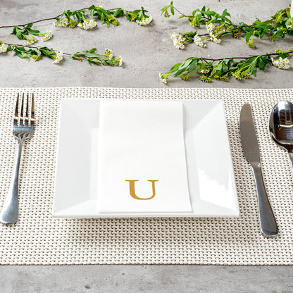 Luxenap Rectangle Gold Letter U White Paper Linen-Feel Guest Towel / Napkin - Air Laid, Sans Serif Font - 15 3/4" x 8" - 2000 count box