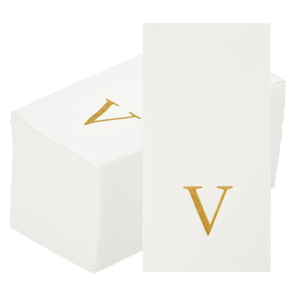 Luxenap Rectangle Gold Letter V White Paper Linen-Feel Guest Towel / Napkin - Air Laid, Sans Serif Font - 15 3/4" x 8" - 50 count box