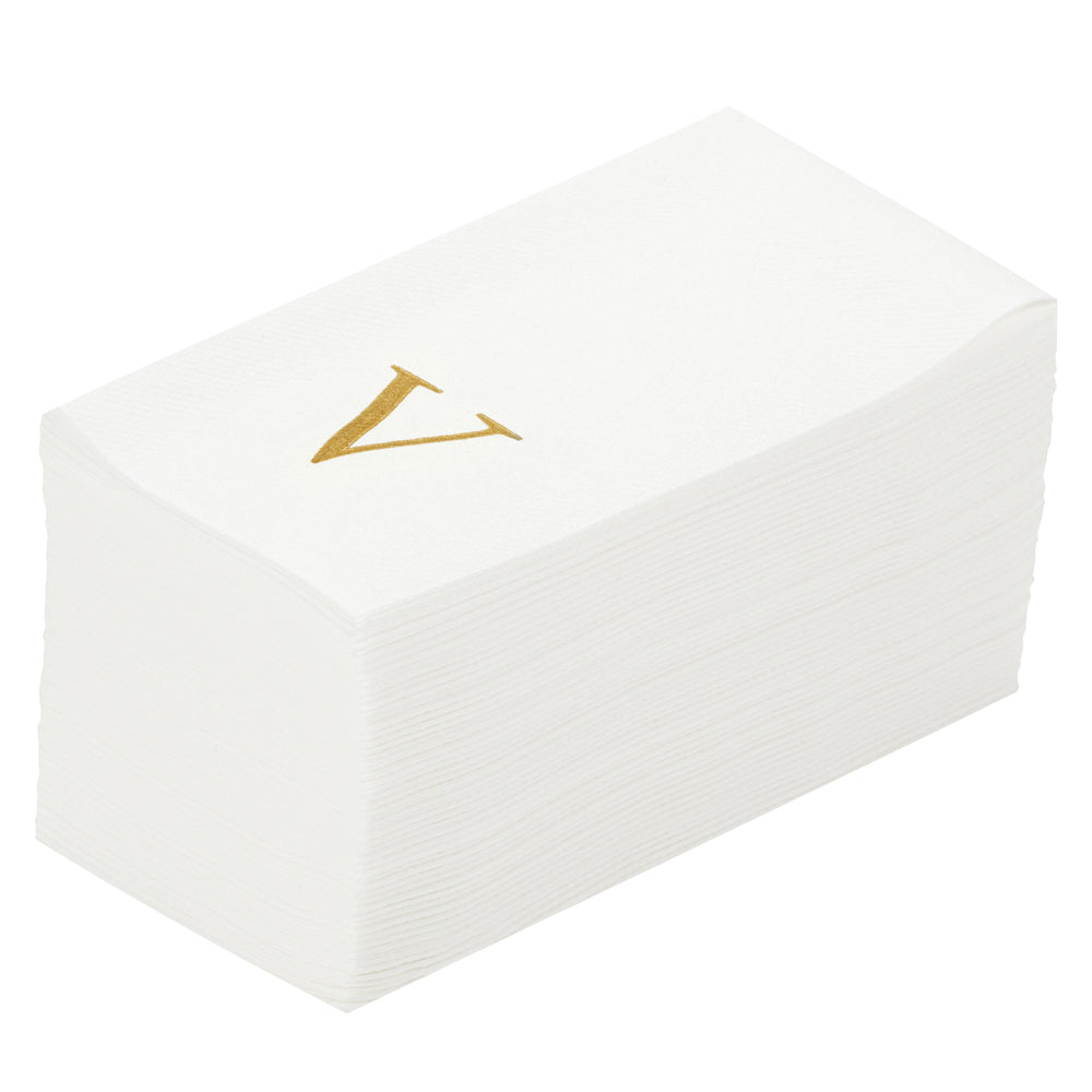 Luxenap Rectangle Gold Letter V White Paper Linen-Feel Guest Towel / Napkin - Air Laid, Sans Serif Font - 15 3/4" x 8" - 50 count box
