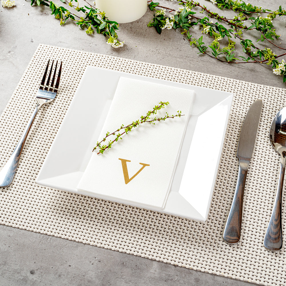 Luxenap Rectangle Gold Letter V White Paper Linen-Feel Guest Towel / Napkin - Air Laid, Sans Serif Font - 15 3/4" x 8" - 50 count box