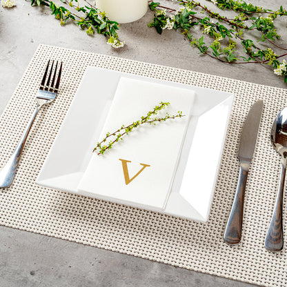 Luxenap Rectangle Gold Letter V White Paper Linen-Feel Guest Towel / Napkin - Air Laid, Sans Serif Font - 15 3/4" x 8" - 50 count box