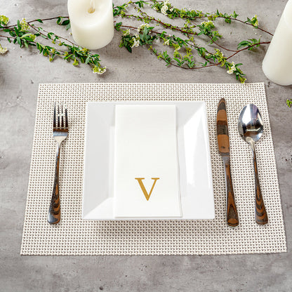 Luxenap Rectangle Gold Letter V White Paper Linen-Feel Guest Towel / Napkin - Air Laid, Sans Serif Font - 15 3/4" x 8" - 50 count box