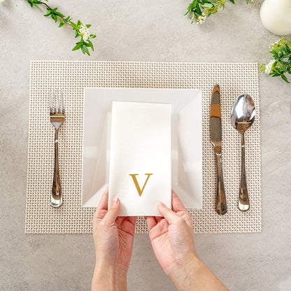 Luxenap Rectangle Gold Letter V White Paper Linen-Feel Guest Towel / Napkin - Air Laid, Sans Serif Font - 15 3/4" x 8" - 50 count box