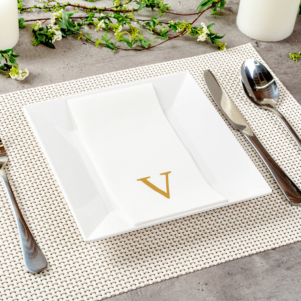 Luxenap Rectangle Gold Letter V White Paper Linen-Feel Guest Towel / Napkin - Air Laid, Sans Serif Font - 15 3/4" x 8" - 50 count box
